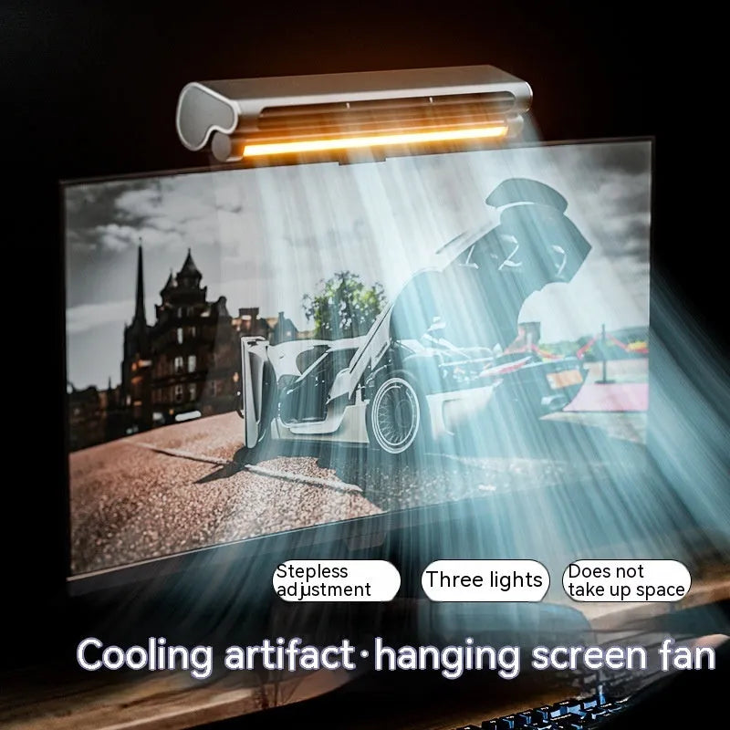 Black USB-powered bladeless clip-on fan with integrated lighting lamp attached to a laptop screen.