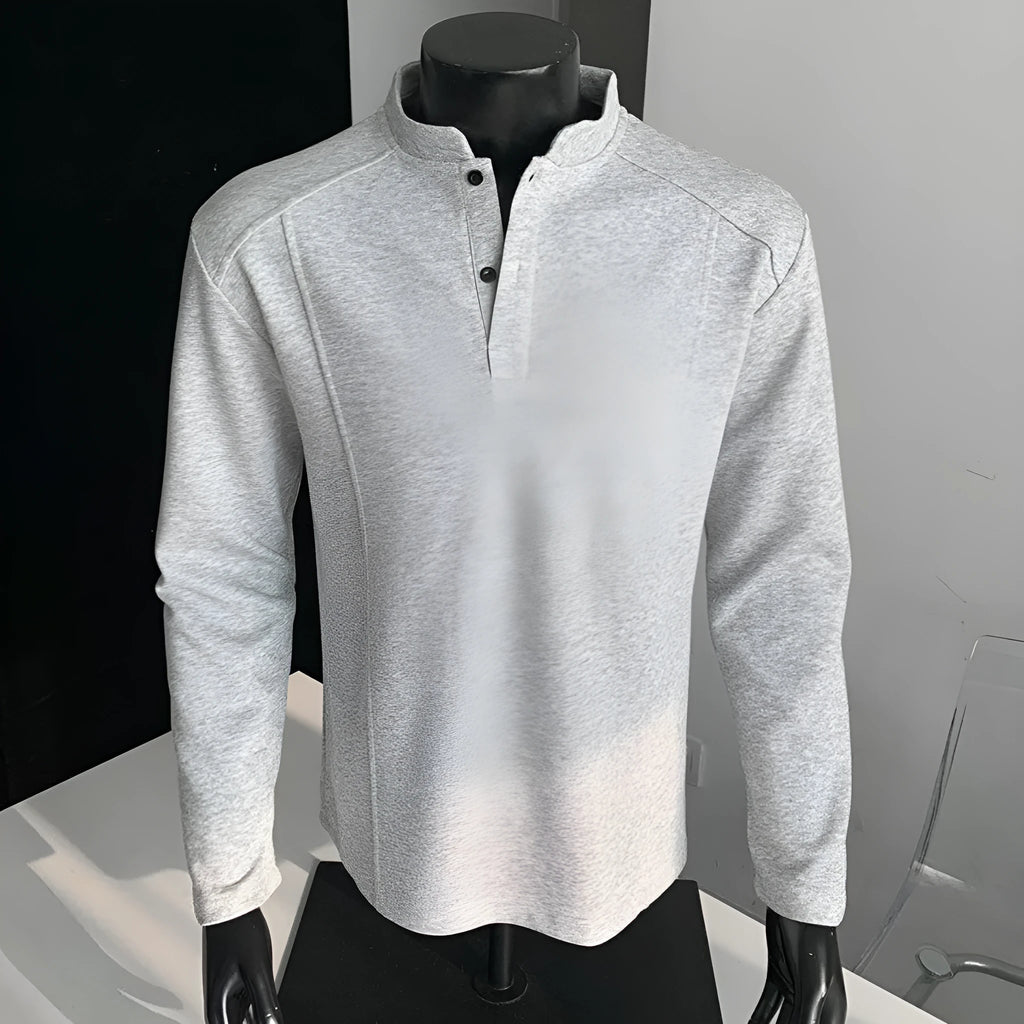 Men's asymmetrical patchwork sweater with stand-up polo collar in neutral colours