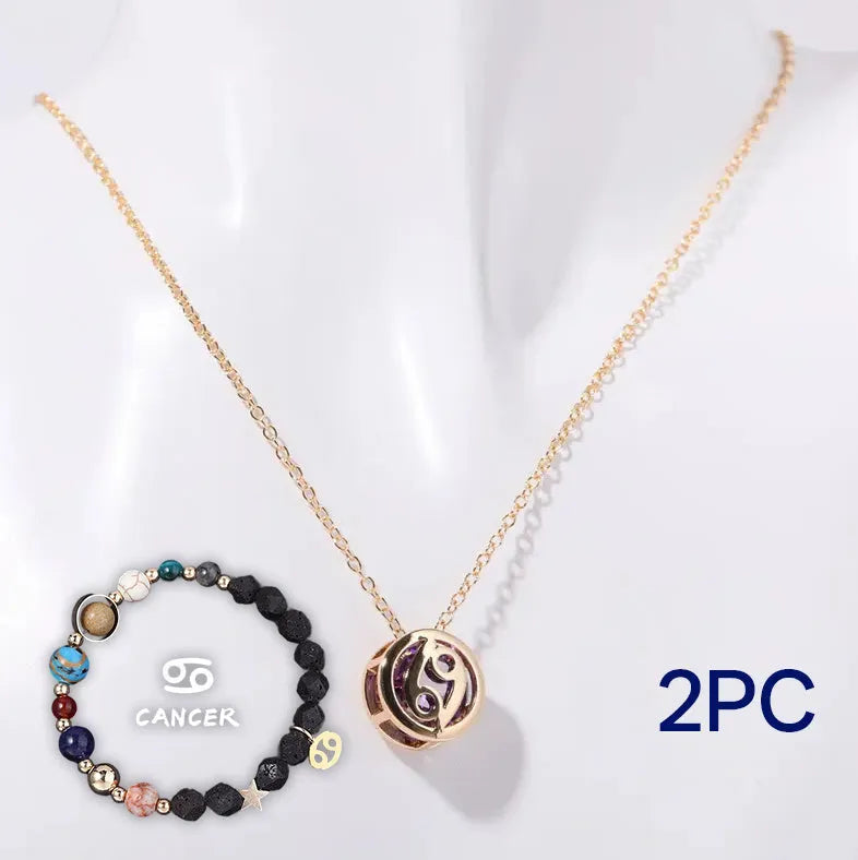 Natural stone beaded necklace and matching bracelet set laid flat, showing various bead colours and styles.