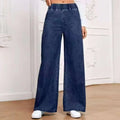 Light blue washed wide-leg denim jeans on a hanger, showing straight leg and mid waist design.