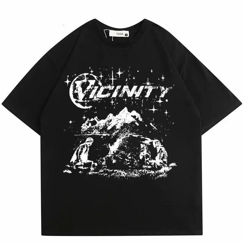 Y2g men's loose black cotton t-shirt with artistic vicinity printing and short sleeves.
