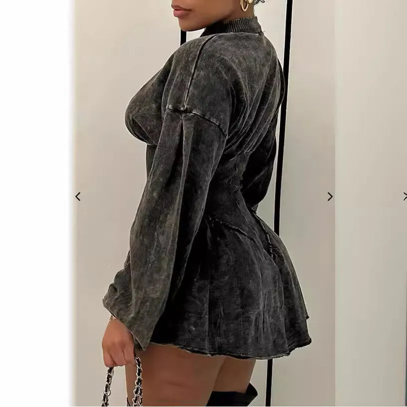 Grey women's slim-fit A-line dress with digital printing and long sleeves.
