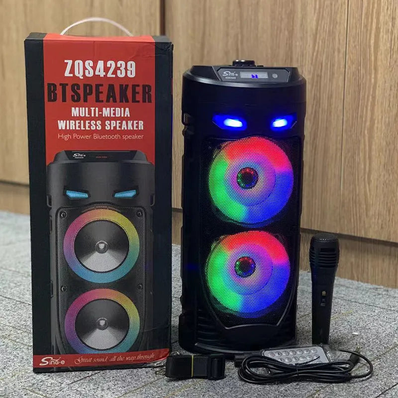 Black portable Bluetooth speaker with wheat pattern finish and dual horn cannon design