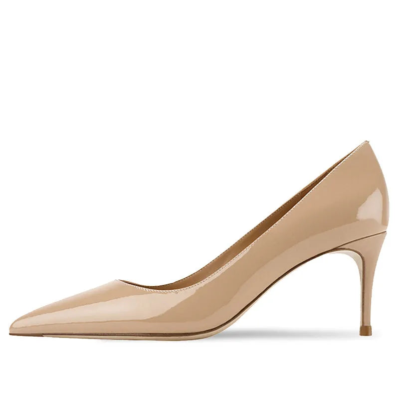 Women's black pointed toe high heel shoe with a fine heel and soft rubber sole