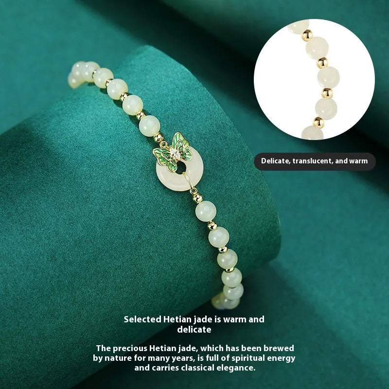 Cyan Hetian Jade butterfly bracelet on 925 sterling silver band with inlaid gemstones