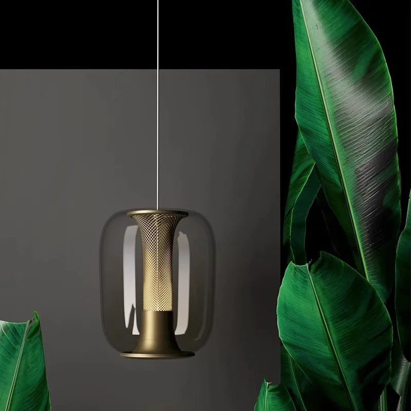 Minimalist Nordic chandelier in clear, cognac, or smoky grey colour, 16 cm wide by 20 cm high.