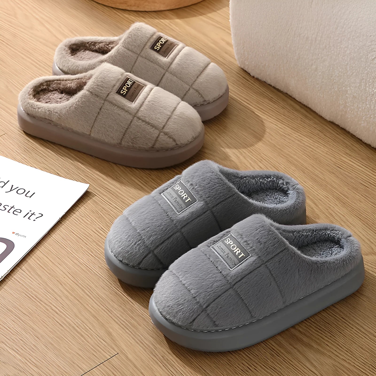 Men's plaid cotton winter slippers with rabbit hair upper and thick EVA sole in brown colour