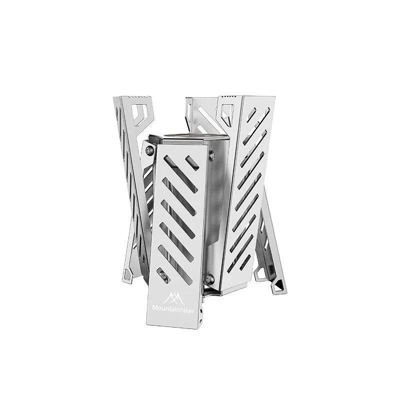 Hexagon-shaped foldable alcohol camping stove in black or silver with dimensions 9.5x8.5x15cm