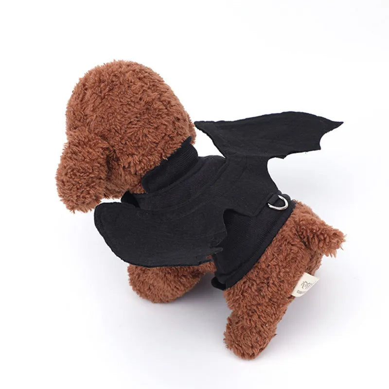Black bat wings Halloween costume accessory for dogs in three sizes with chest harness attachment