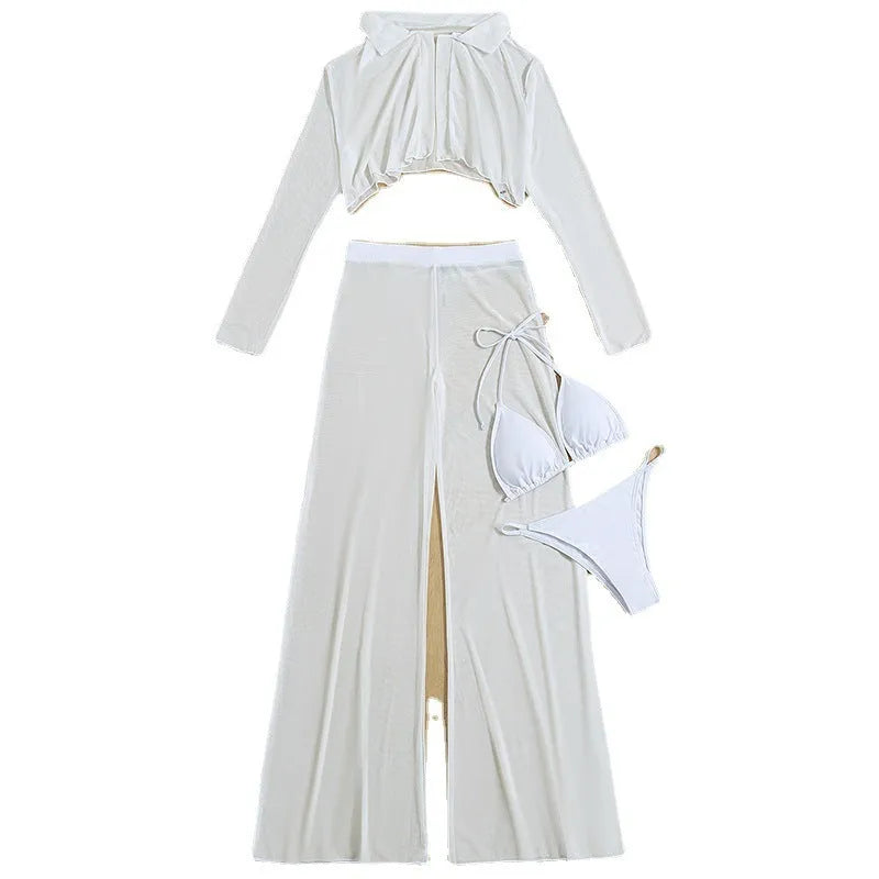 Women's white high waist swimsuit four-piece set with backless design