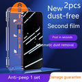 Dust-free Warehouse tempered glass iPhone screen protector two-pack showing HD and privacy variants