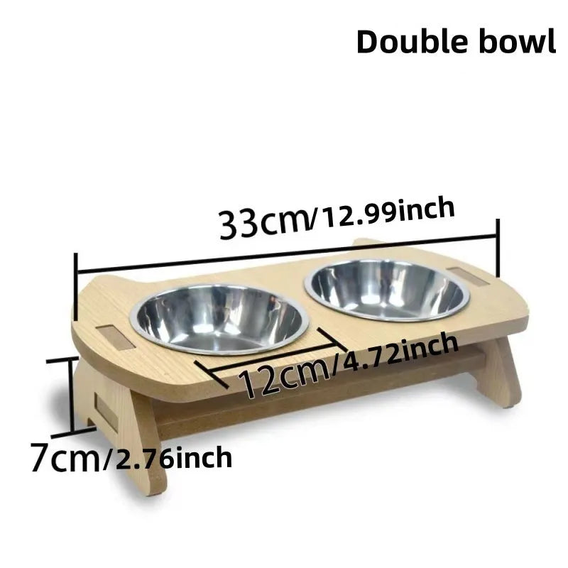 Wooden stand cat feeder with a stainless steel bowl for food and water