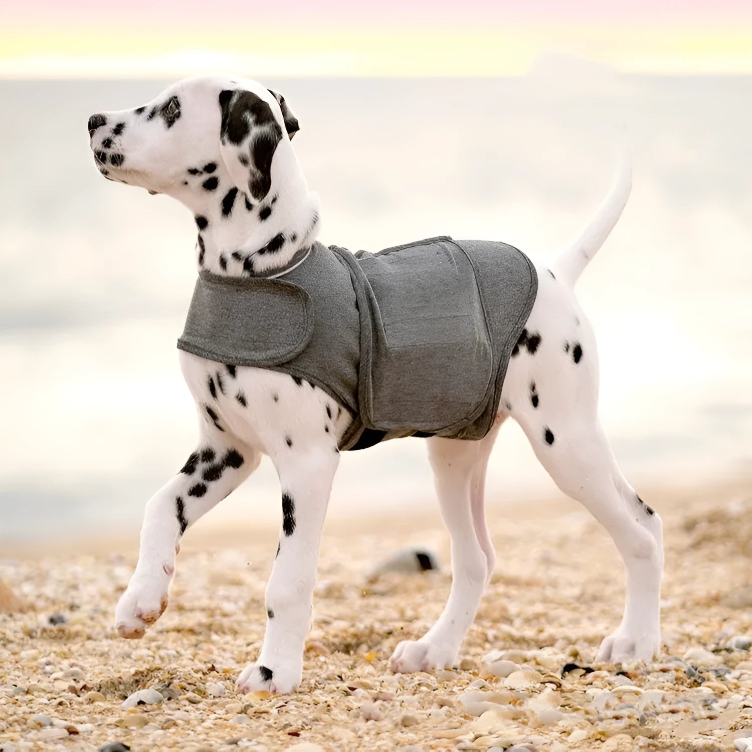 Heather grey dog anxiety jacket and warm vest made from polyester brocade fabric on a medium-sized dog.