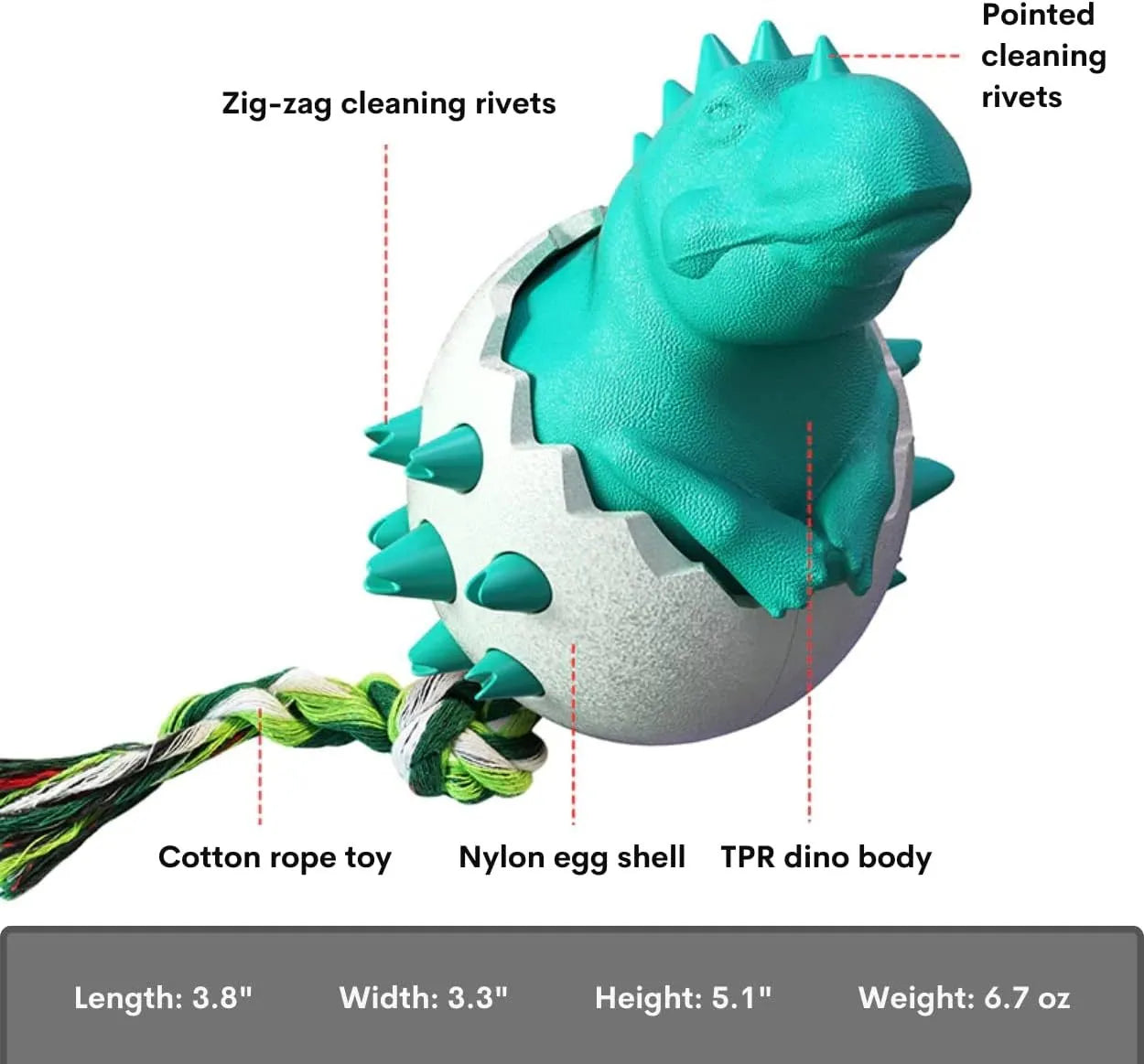 Blue durable dinosaur-shaped dog chew toy with textured surface and attached rope for tug of war.