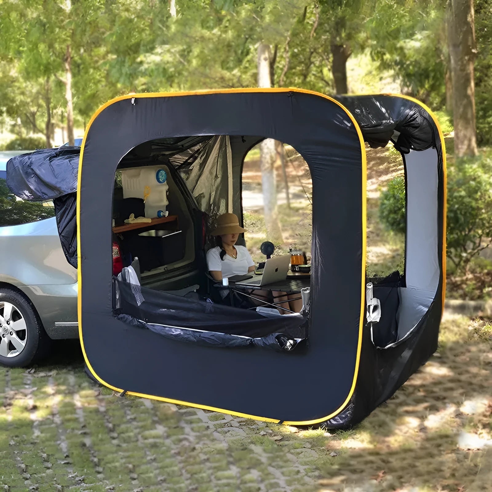 Black pop-up car tailgate tent with steel frame unfolded to 200cm dimensions