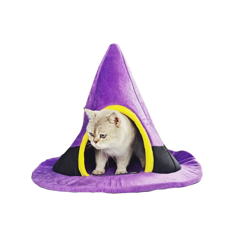 Purple Halloween witch hat shaped soft cloth cat nest bed for pets.