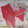 Women's handmade crochet three-piece bikini and beach skirt swimsuit set
