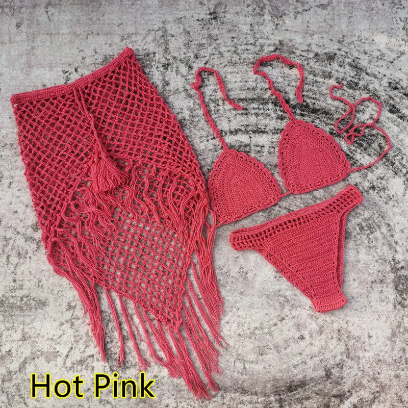 Women's handmade crochet three-piece bikini and beach skirt swimsuit set