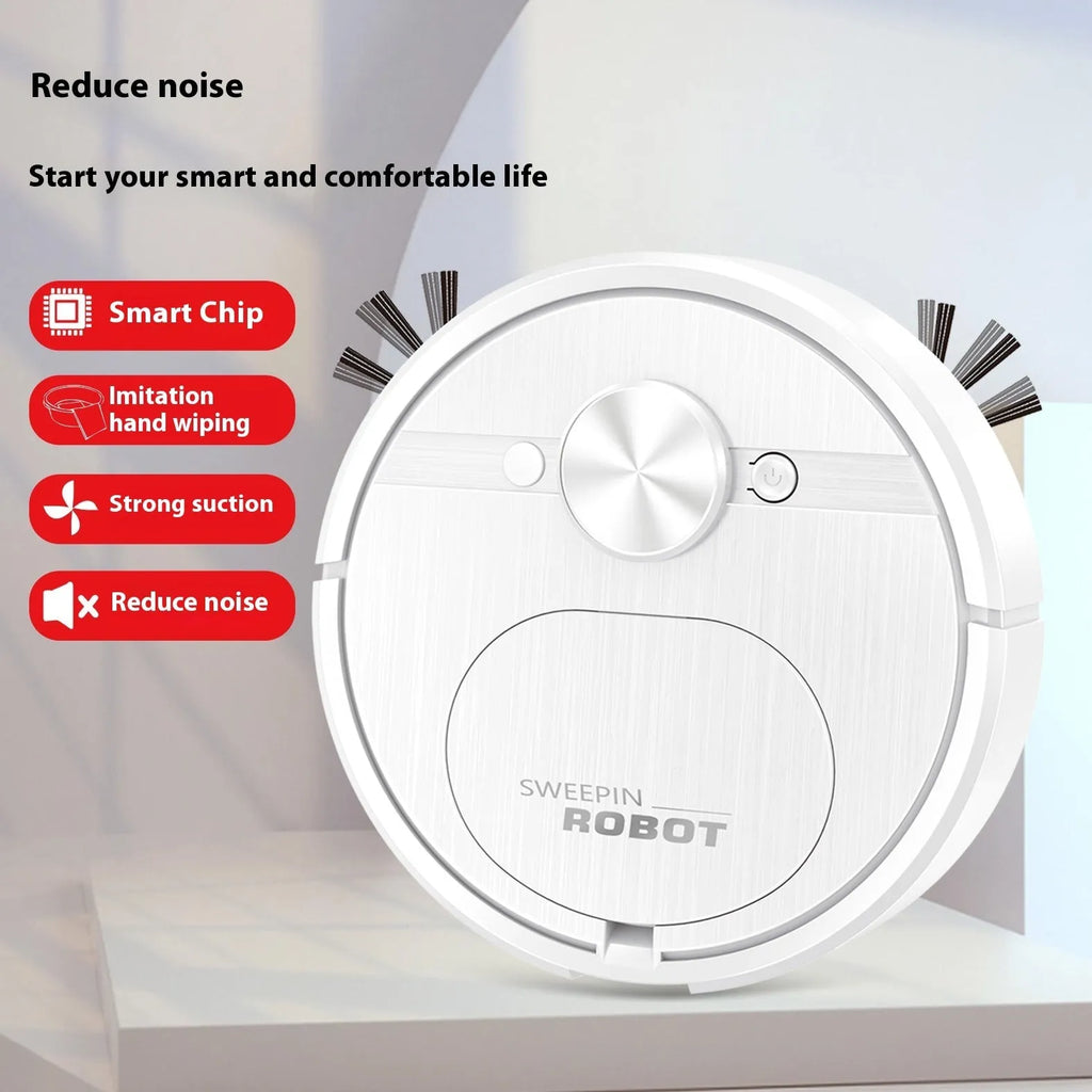 Three-in-one automatic robot floor cleaner with USB charging cable and cleaning accessories on hardwood floor.