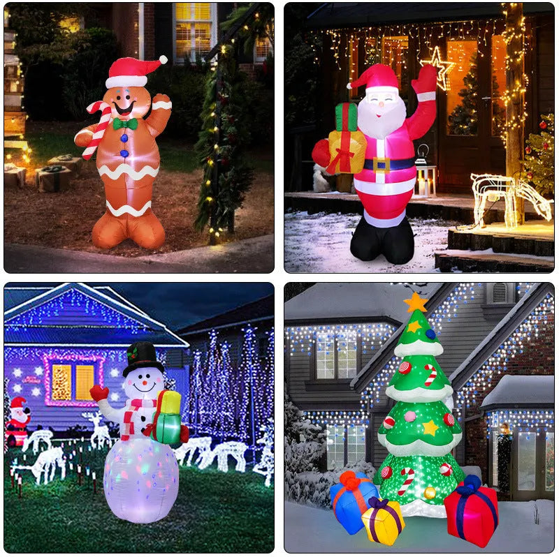 Outdoor Christmas inflatable decoration with LED lights showing Santa, snowman, and tree designs