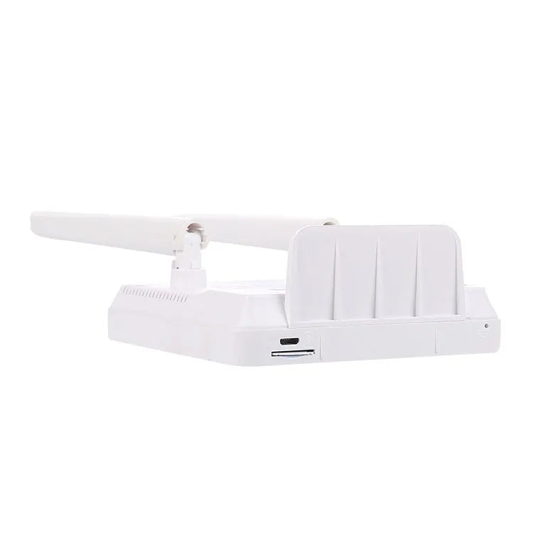 Compact white portable LTE router with two black external antennas standing upright.