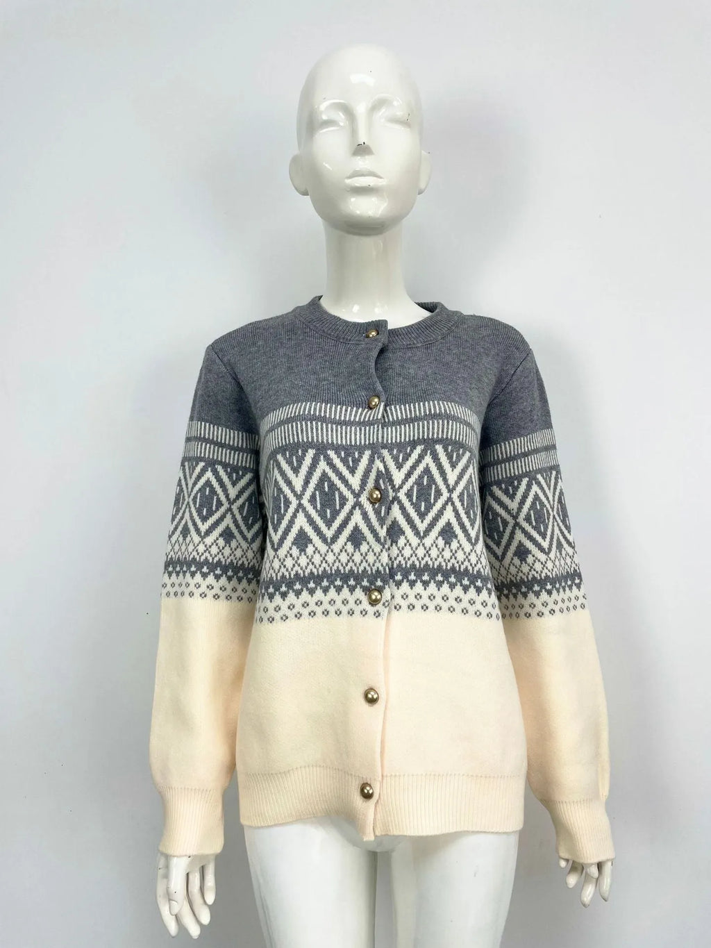 Women's grey alpaca wool cardigan with pink and white diamond pattern and long sleeves