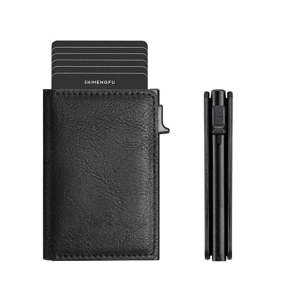 Pop-up aluminium alloy card wallet in retro PU leather with anti-theft function, front view