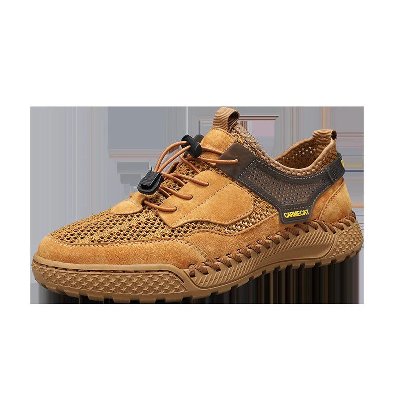 Men's brown suede casual tennis shoes with an elastic band and hand-stitched rubber sole.
