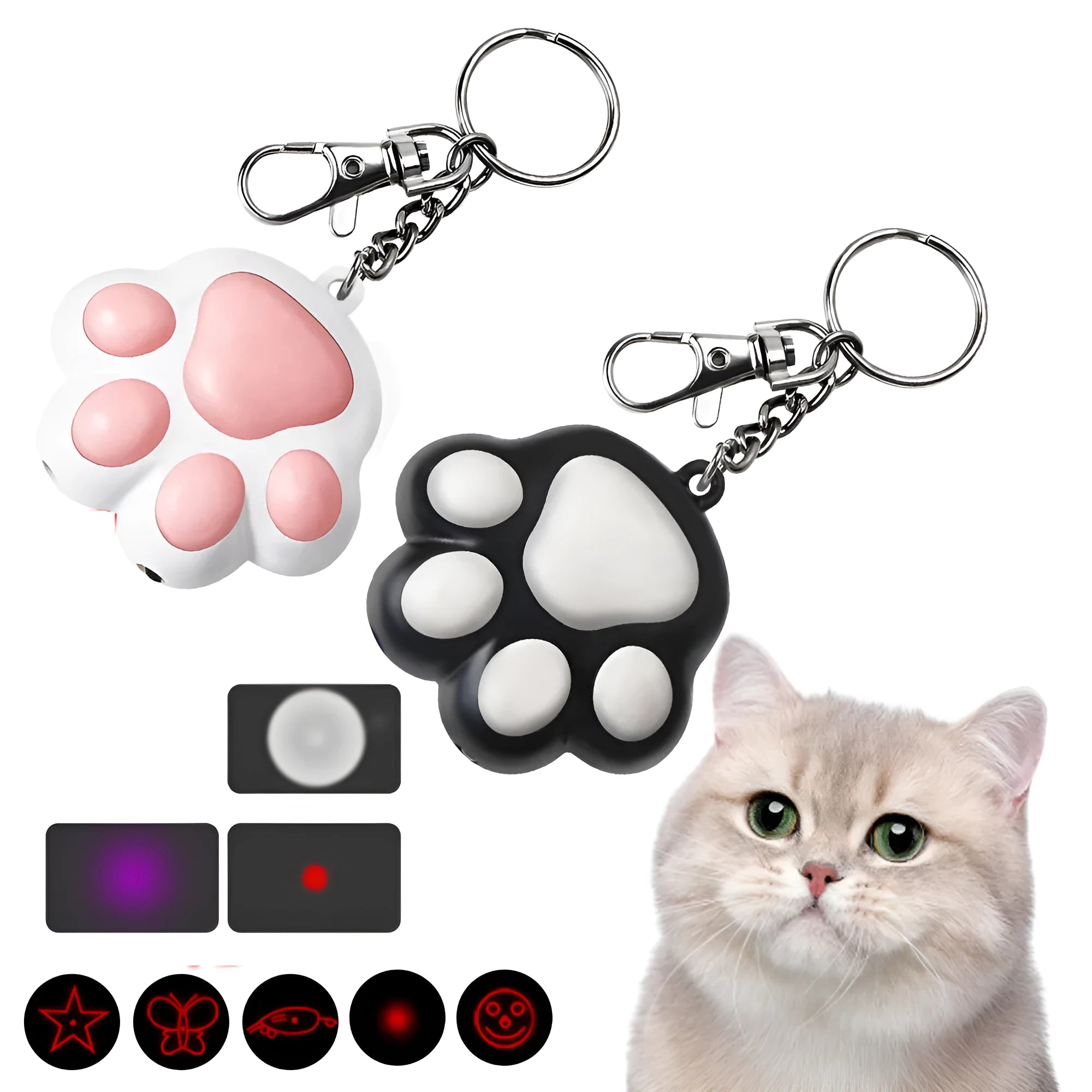 Pink and black infrared cat teaser toy with key chain measuring 5cm by 2.5cm