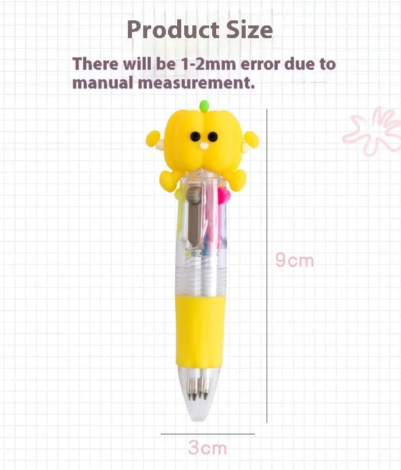 Cartoon character four colour press ballpoint pen with 0.7mm tip on a notepad.