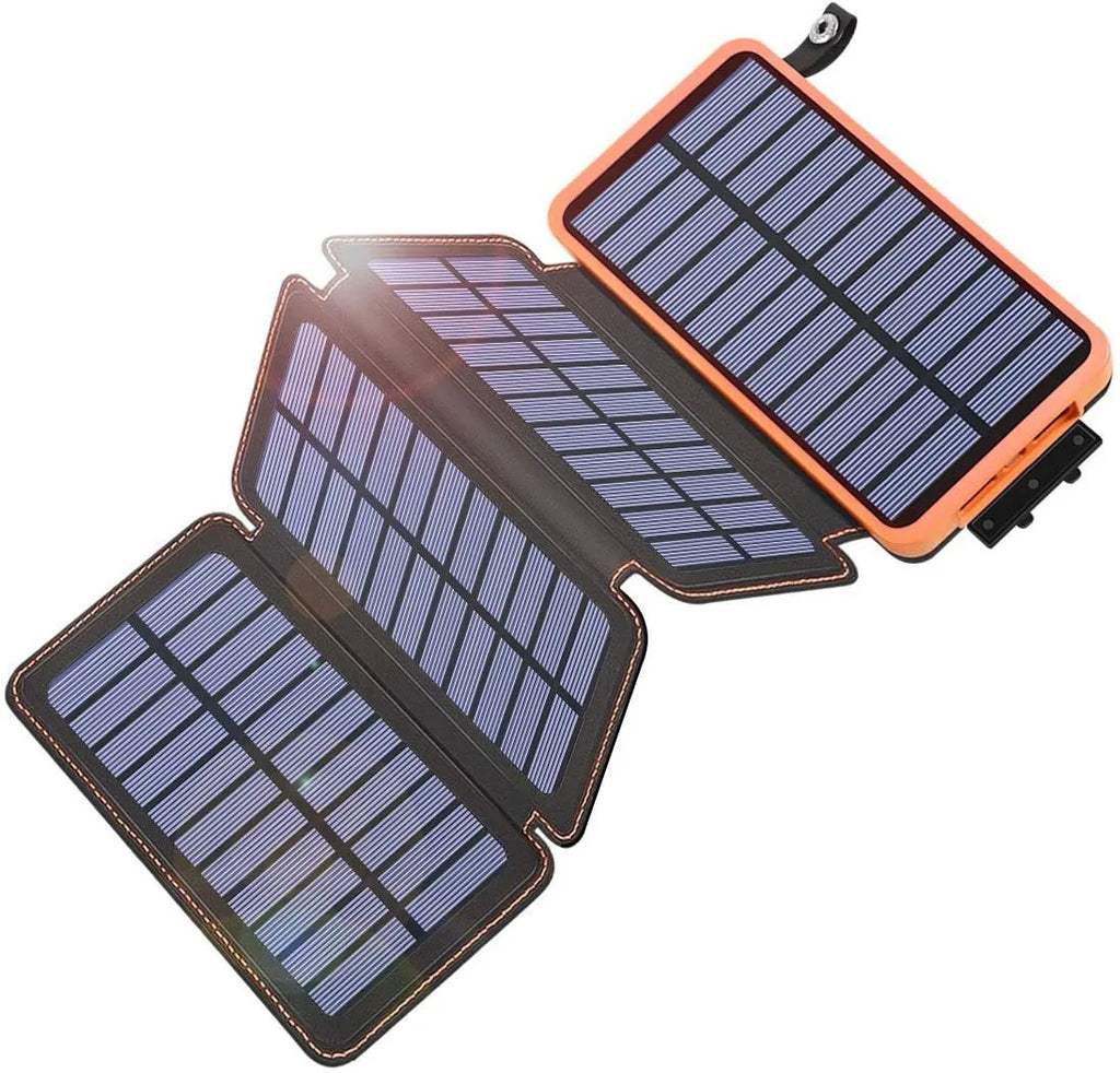 Outdoor solar phone charger with leather casing showing solar panel and LED light