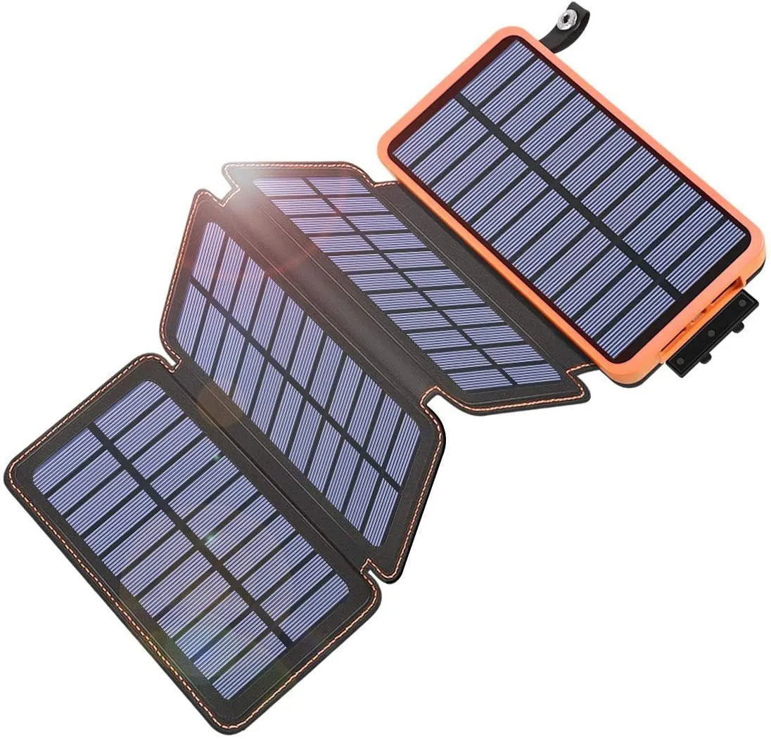 Outdoor solar phone charger with leather casing showing solar panel and LED light