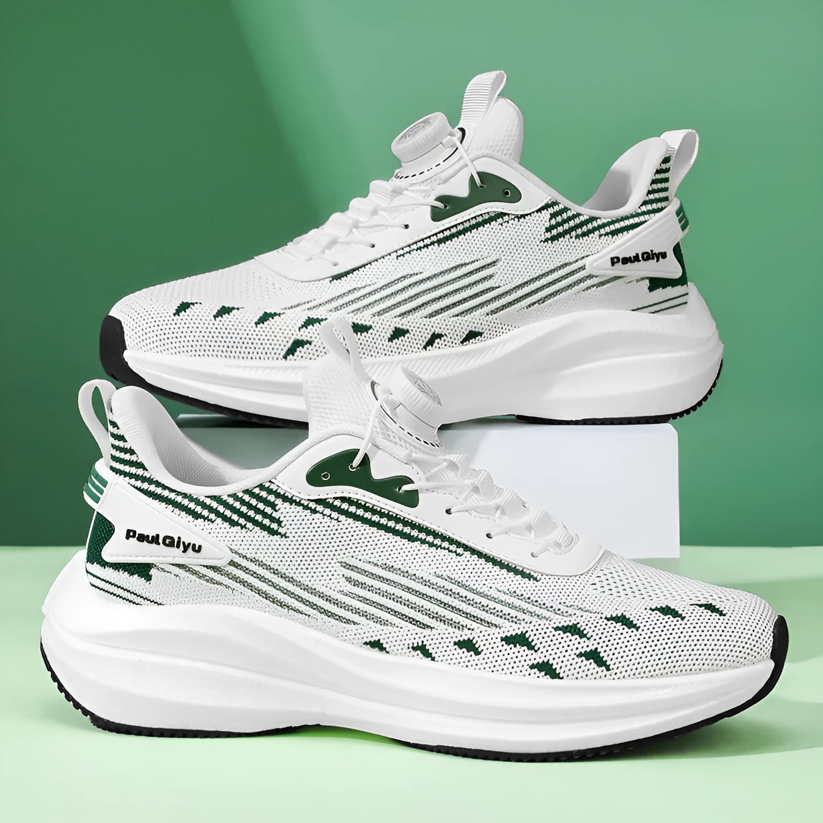 Men's Fly-knit mesh running shoes with rotating buckle closure in black, gray, and white-green colour options