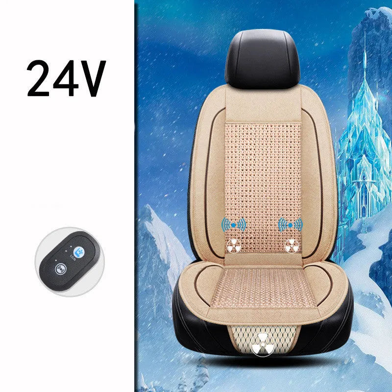 Black car ventilation seat cushion showing minimalist design and power cord