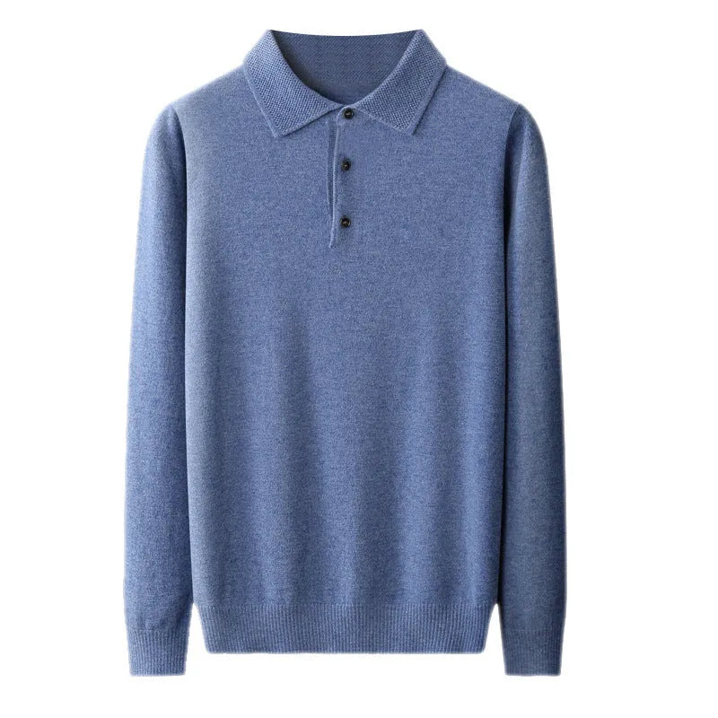 Men's polo collar wool knit sweater in noble blue, shown in a front view.