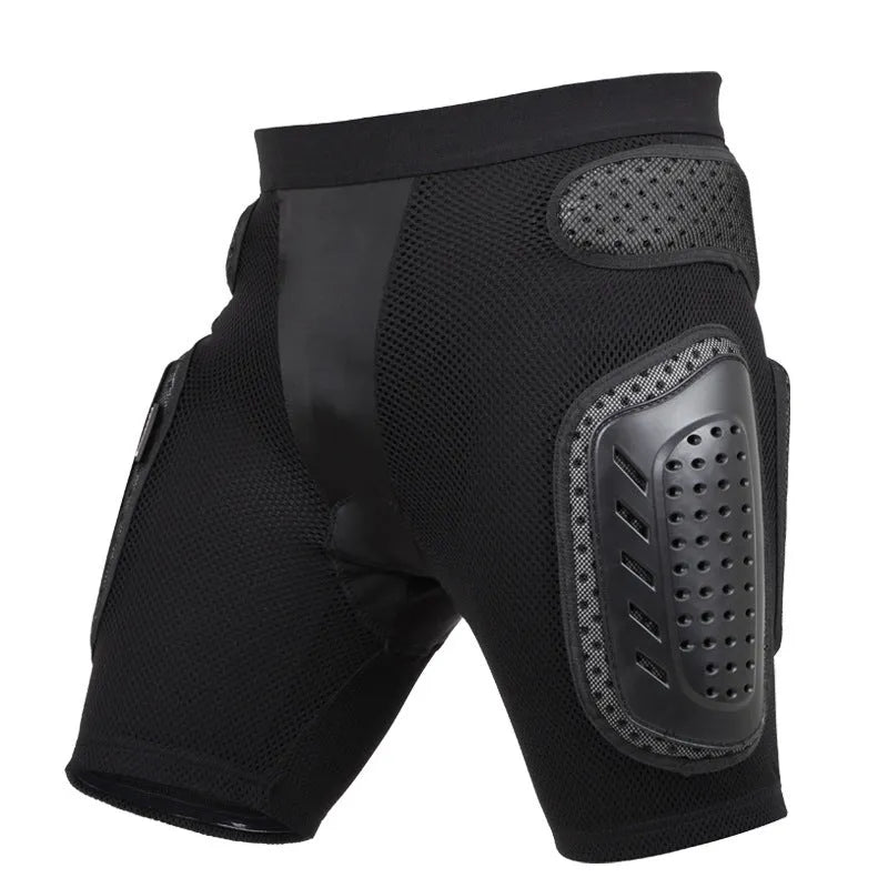 Black cycling hip protection pants with integrated pad, shown laid flat.