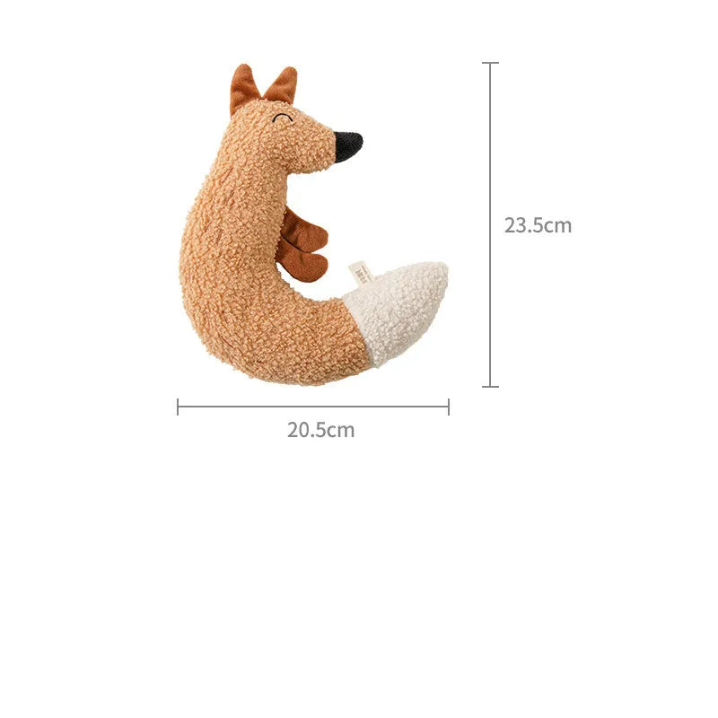Cartoon fox and duckling design chew-resistant dog toys made from teddy velvet fabric.