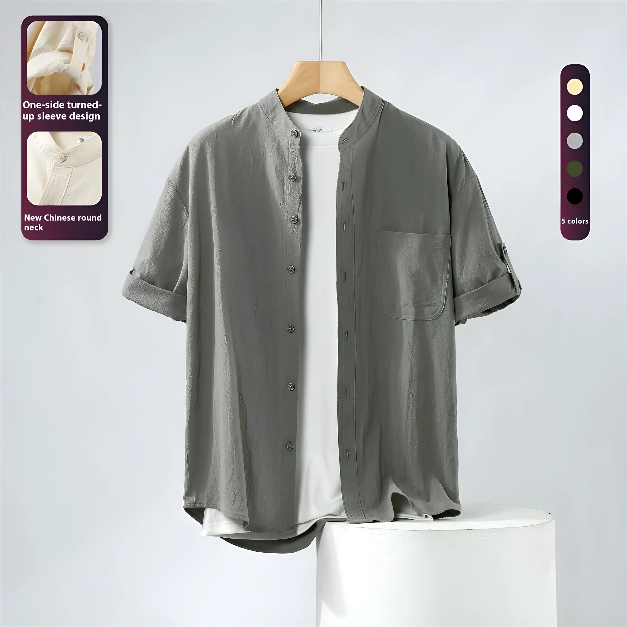 Men's loose fit short-sleeved linen shirt in solid colour with simple stand collar