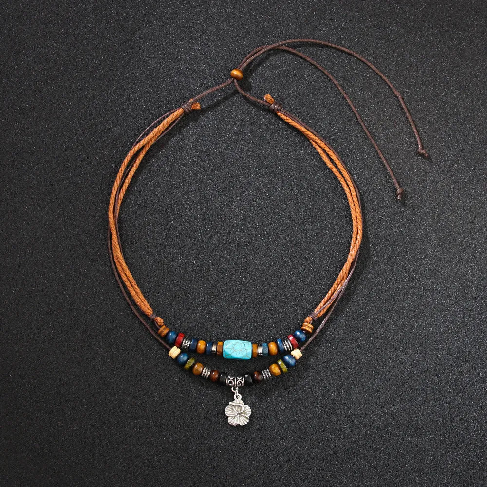 Men's wooden bead necklace with turquoise wax rope cord and alloy geometric floral pendant