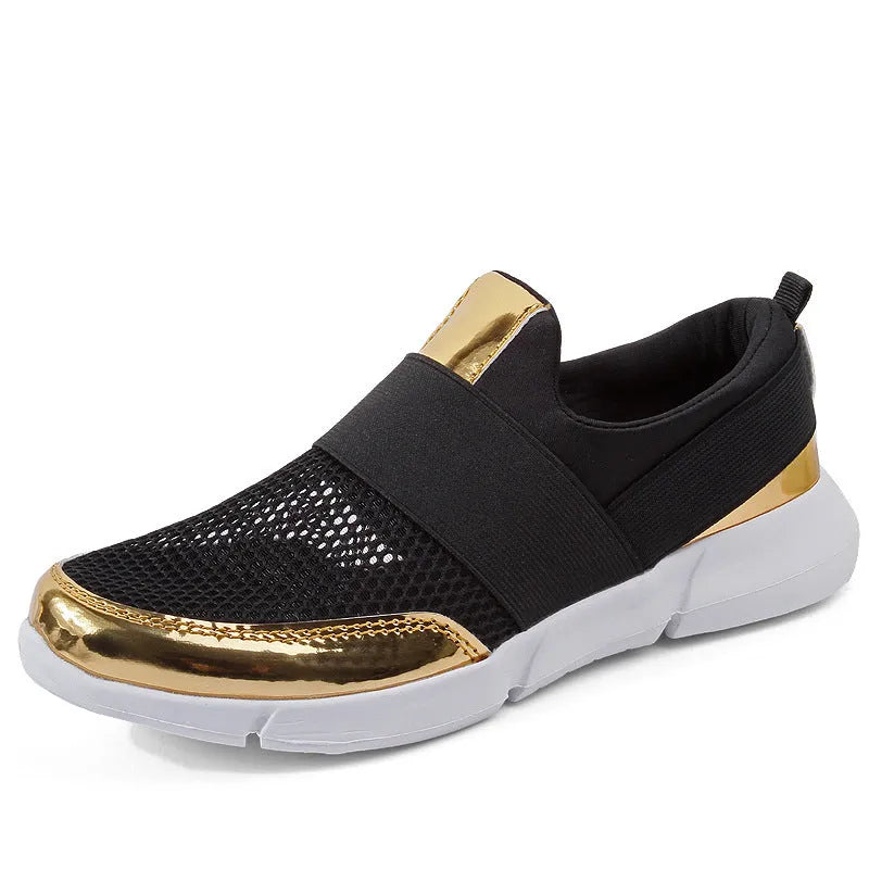 Blue, black, and grey women's low-top sneakers with mesh interior and casual design.