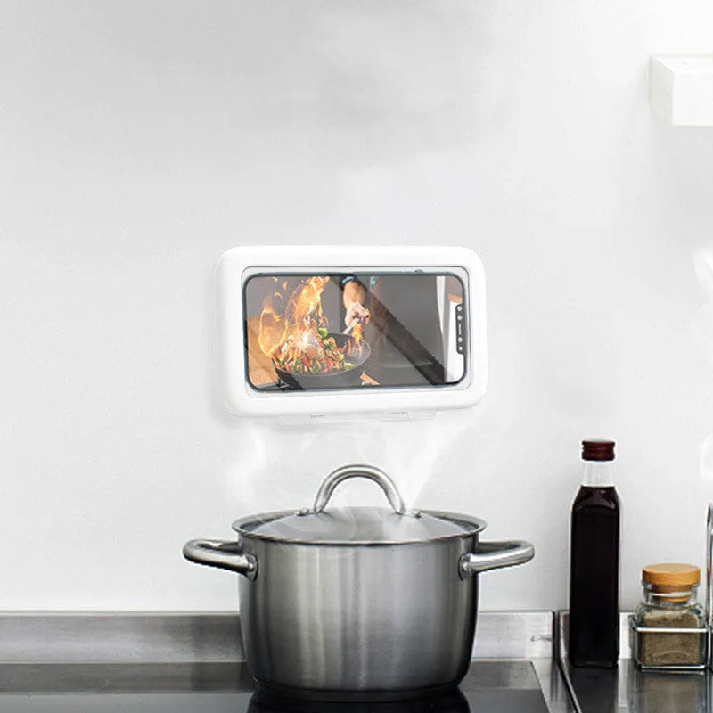 White waterproof phone holder mounted on bathroom tile showing smartphone visible through anti-fog window