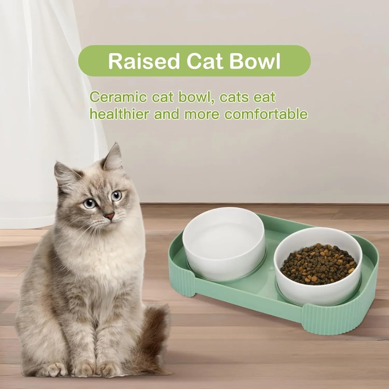 Green ceramic cat bowls on a 15-degree tilted raised stand with a non-slip base.