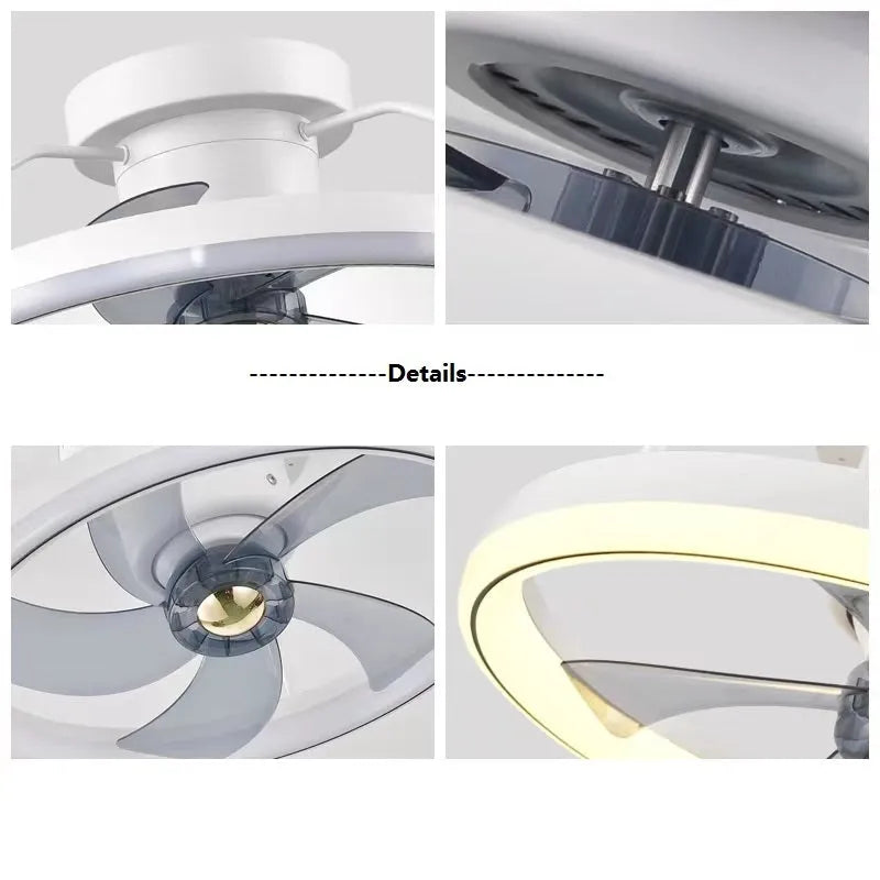Modern ceiling fan with integrated light showing 500mm diameter design with PC blades and acrylic shade