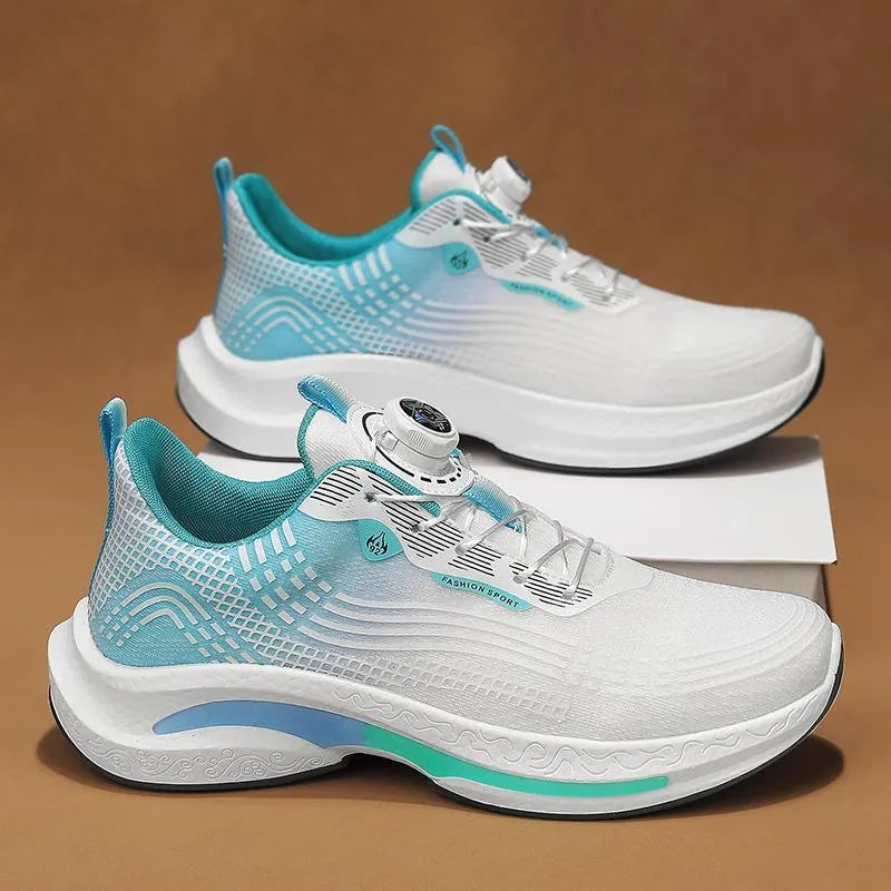 Men's low-top mesh sneakers with a rotating buckle fastening in white and blue colourway.