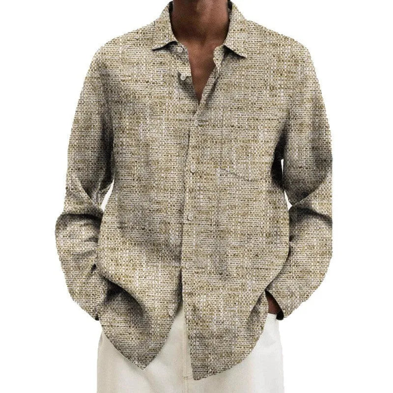 Men's multi-colour patterned long sleeve cardigan laid flat, showing elastic fabric and casual style.