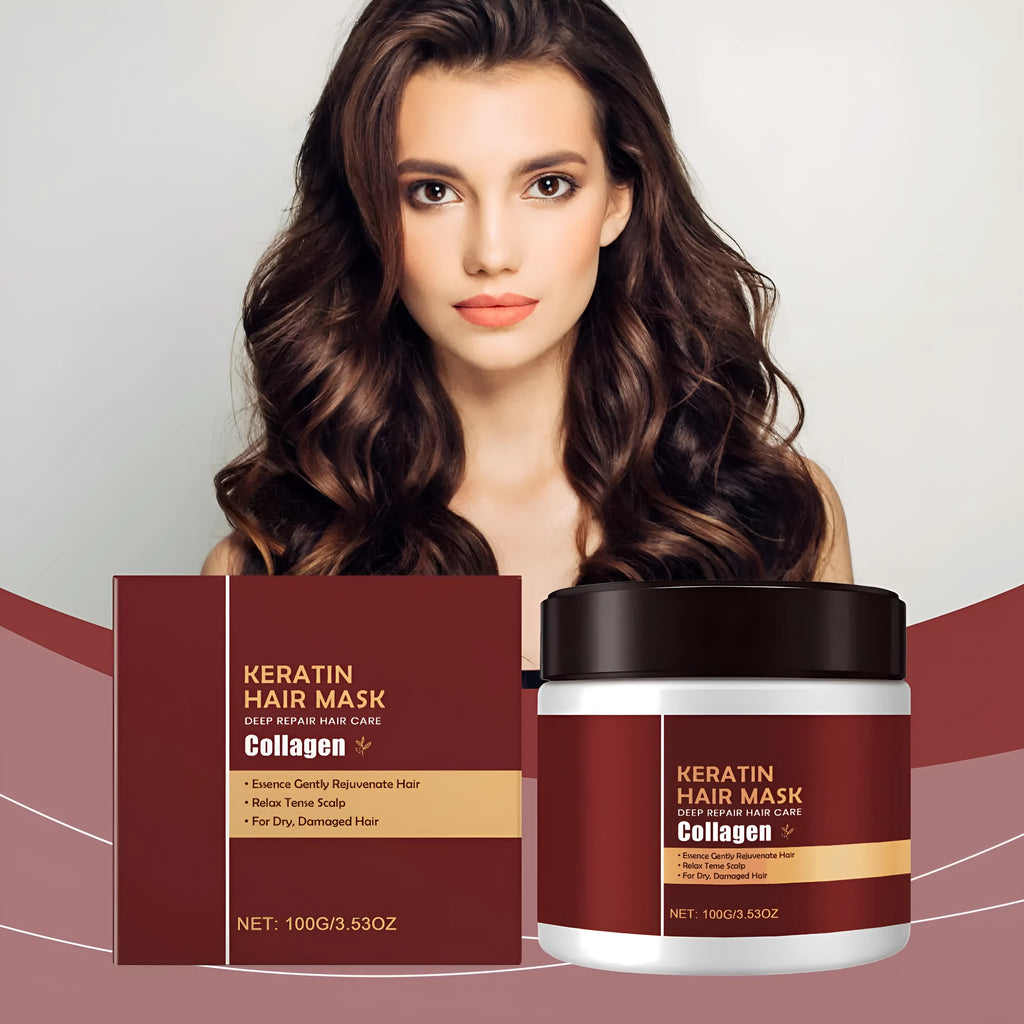 A 5.5cm cube-shaped jar containing 100g of moisturising hair mask with hydrolysed keratin and collagen.