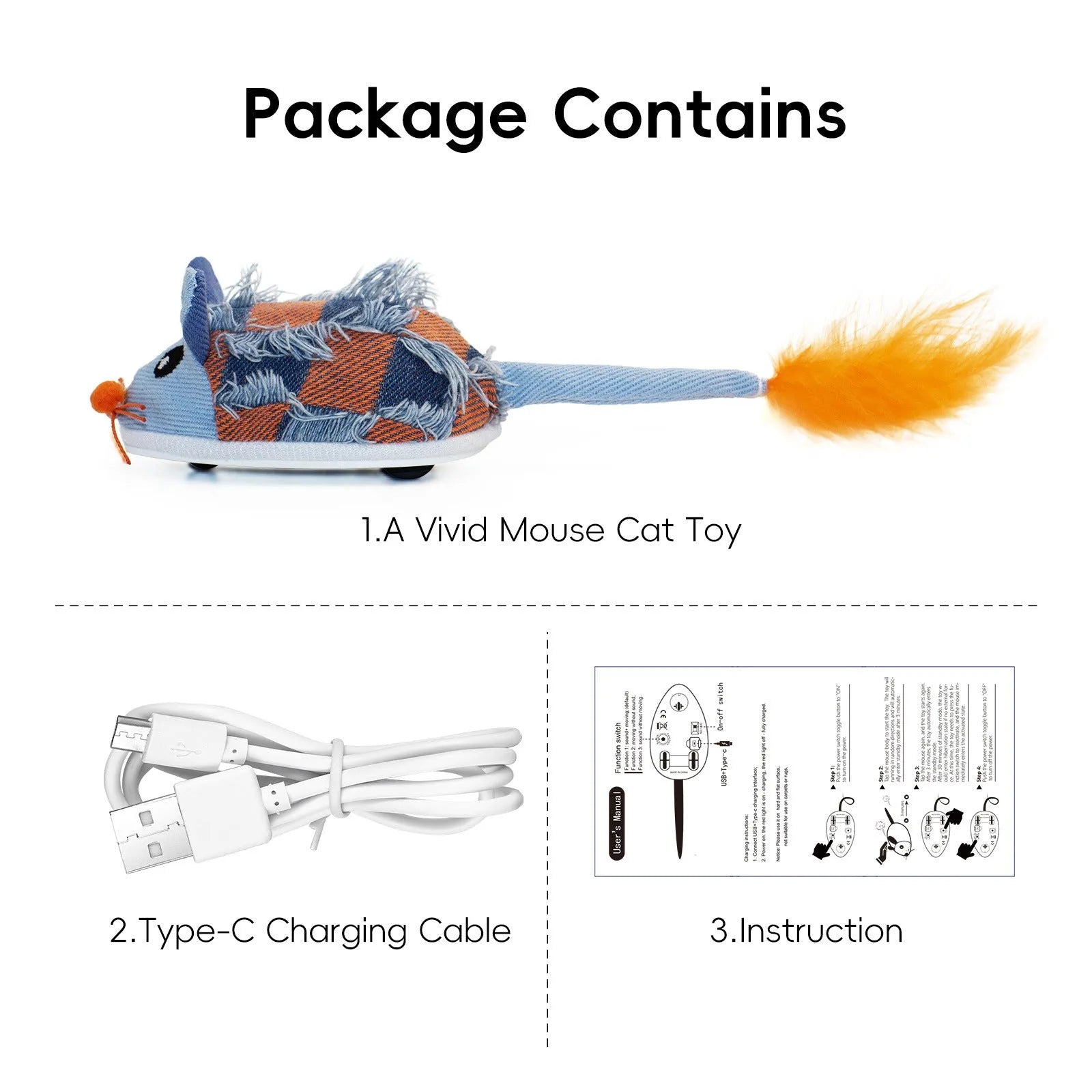 Electronic moving mouse cat toy with feather tail in blue or yellow colour options