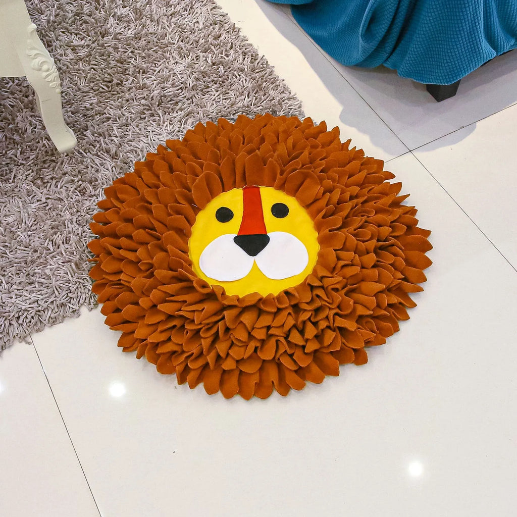 Brown lion sniffing pad and food hiding blanket for dogs and cats