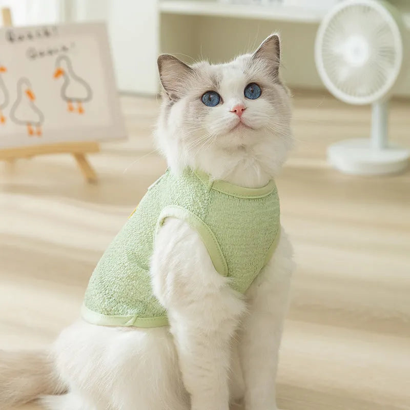 Hollowed-out knitted cat clothes with bear patch in blue, green, yellow colours