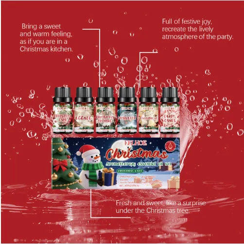 Christmas aromatherapy oil set showing six bottles including one 60ml large bottle with warm home fragrance